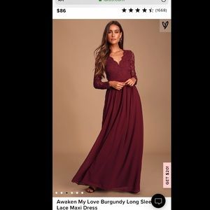 Lulu’s “Awaken my love” burgundy lace maxi dress.